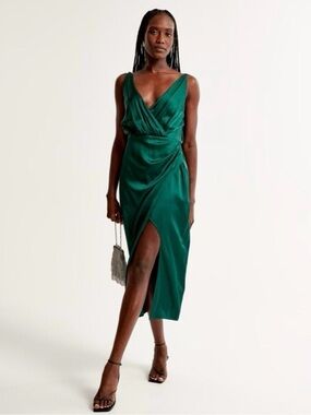 NWT Abercrombie & Fitch Satin Draped Wrap Midi Dress Emerald Green Small Petite